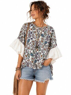 Zara Blouse Womens L Paisley Bell Sleeve Flowy Boho Festival Tunic Top NWOT